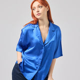 Camicia maniche corte mezze maniche donna particolare elegante con collo a scialle colore blu