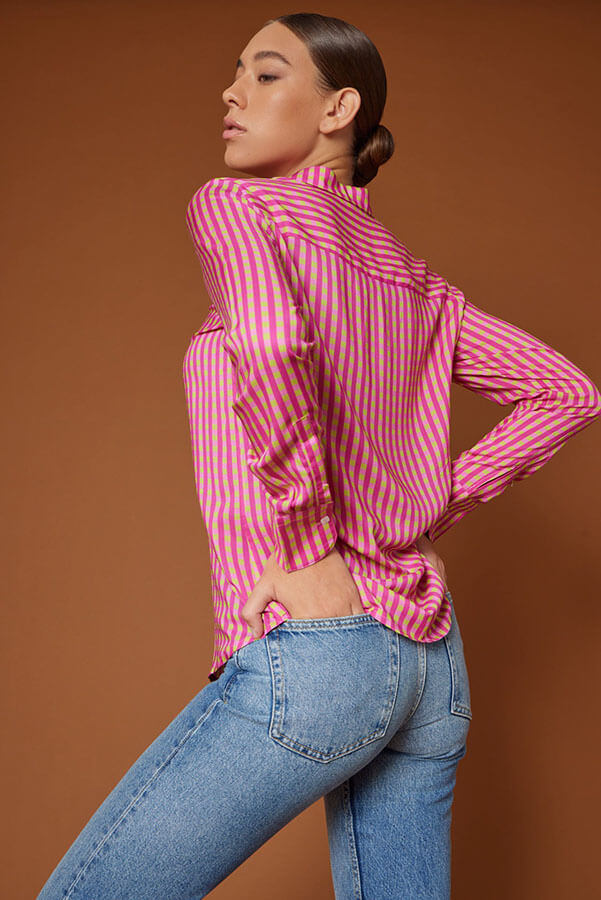 Aurora – camicia colorata maniche lunghe made in Italy fantasia quadretti rosa