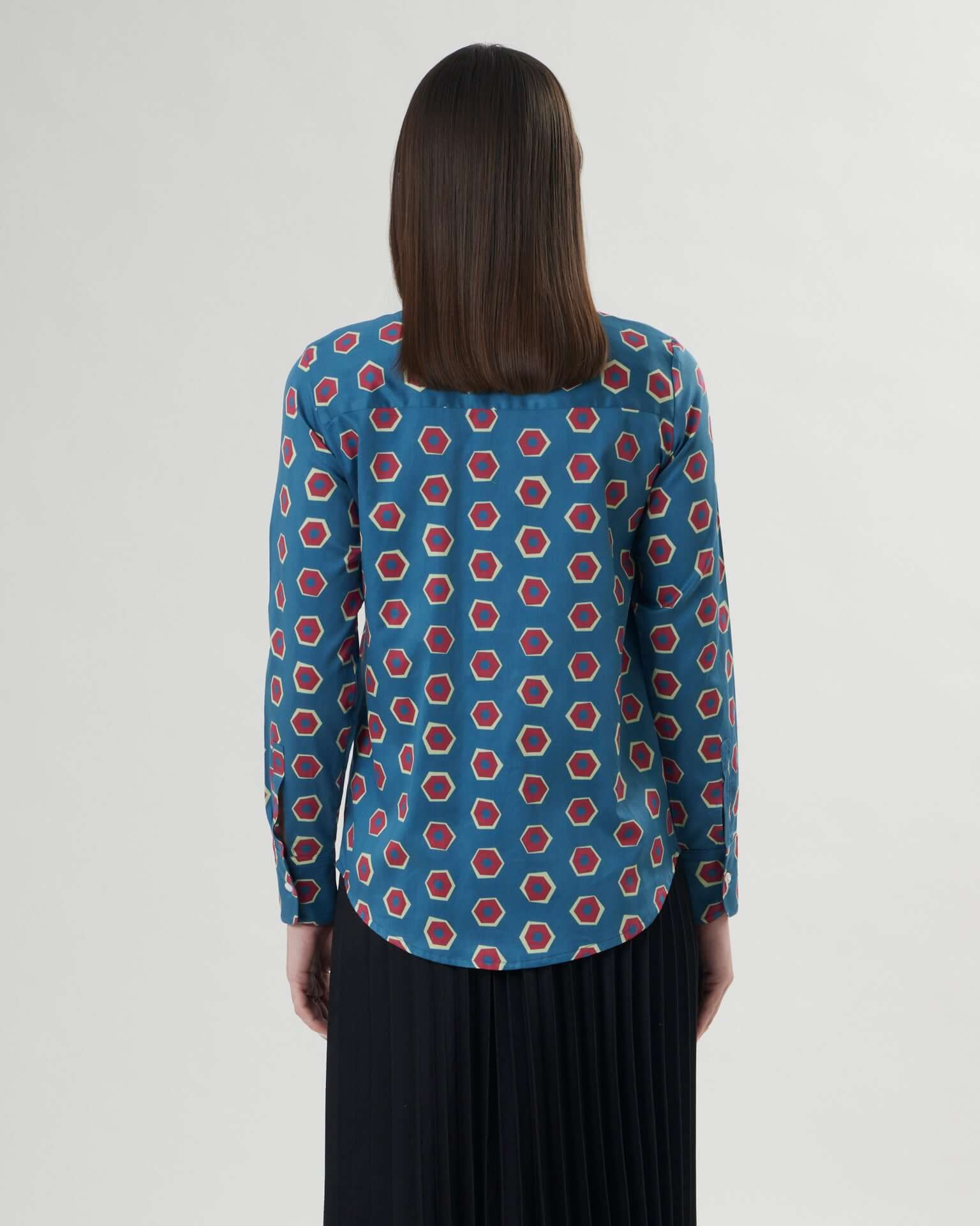 Bourbon – camicia donna colorata maniche lunghe made in Italy  fantasia blu e rossa