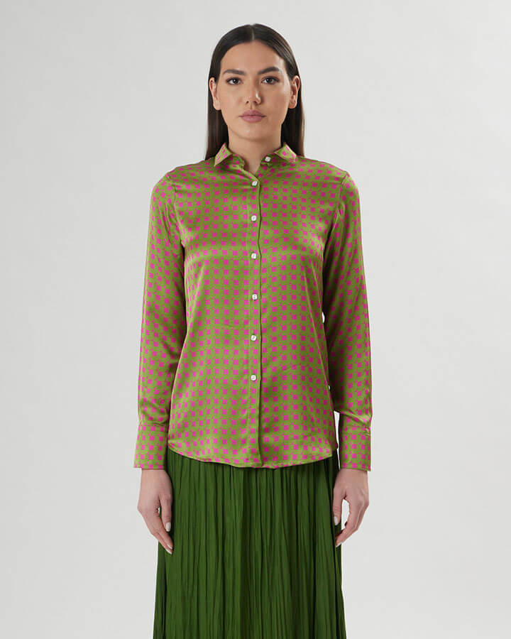 Gemma – camicia donna colorata maniche lunghe made in Italy  fantasia fucsia e verde oliva