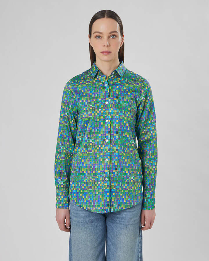Preziosa Verde – camicia donna colorata maniche lunghe made in Italy  fantasia verde