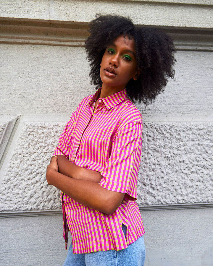 Camicia maniche corte mezze maniche  donna particolare, colori rosa e verde chiaro estiva, fantasia Vichy