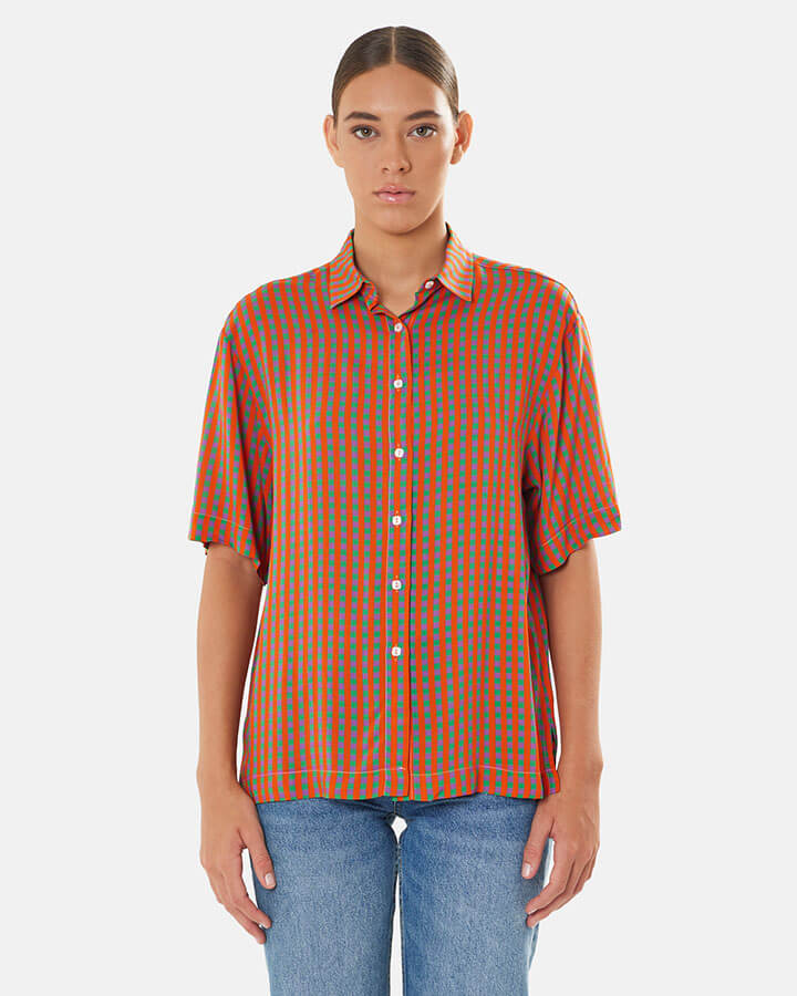 Camicia maniche corte mezze maniche donna particolare, colori rosso viola e verde, estiva, fantasia Vichy