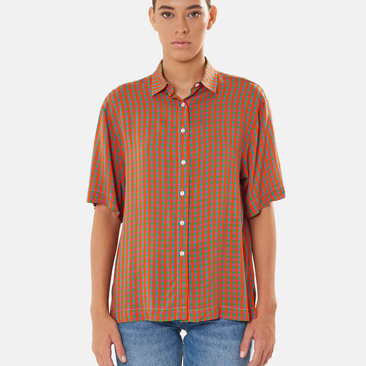 Camicia maniche corte mezze maniche donna particolare, colori rosso viola e verde, estiva, fantasia Vichy