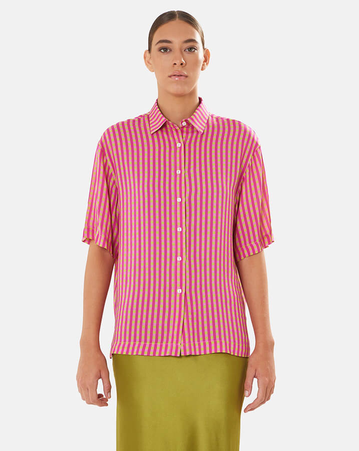 Aurora – camicia donna maniche corte made in Italy con fantasia rosa