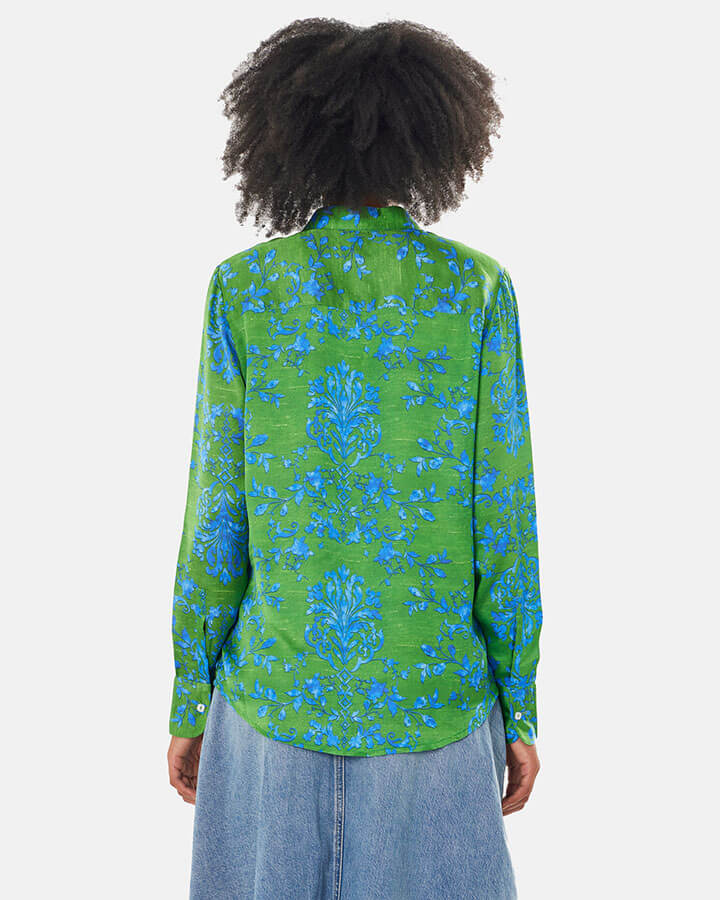 Baroque Jazz – camicia donna maniche lunghe made in Italy con fantasia verde e blu