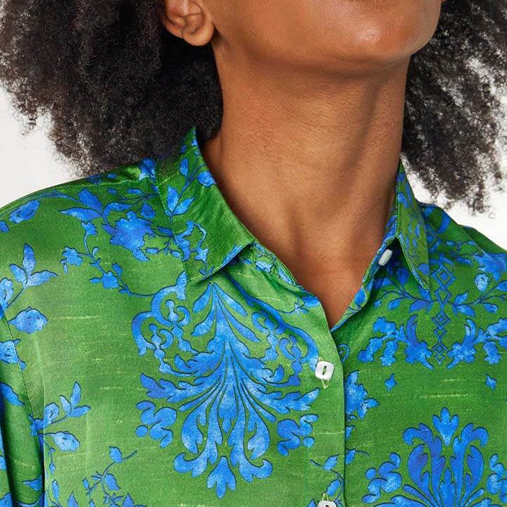 Baroque Jazz – camicia donna maniche lunghe made in Italy con fantasia verde e blu