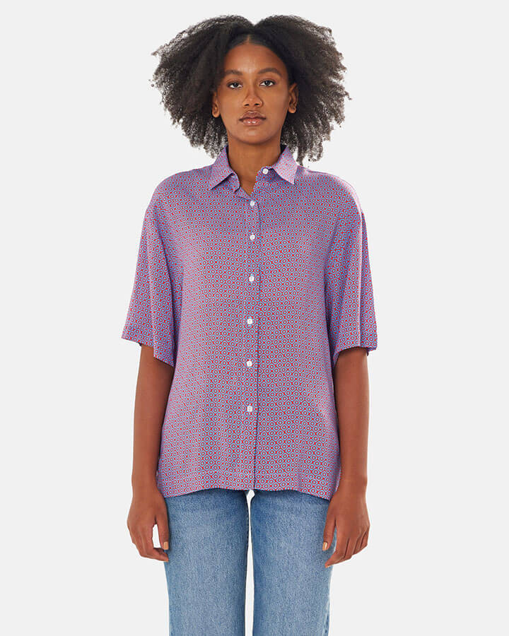 Maioliche – camicia donna colorata  maniche corte made in Italy  fantasia rossa e viola