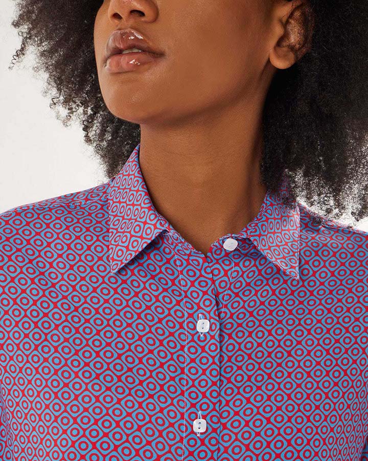 Maioliche – camicia donna colorata  maniche corte made in Italy  fantasia rossa e viola
