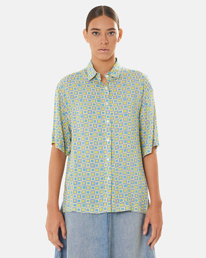 Ninfea – camicia donna colorata maniche corte made in Italy  fantasia azzurra