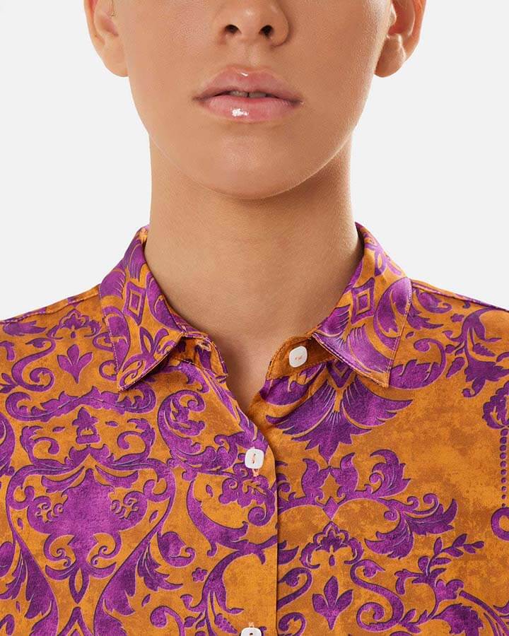 Palais Royal Orange – camicia donna colorata maniche lunghe made in Italy  fantasia arancione e viola