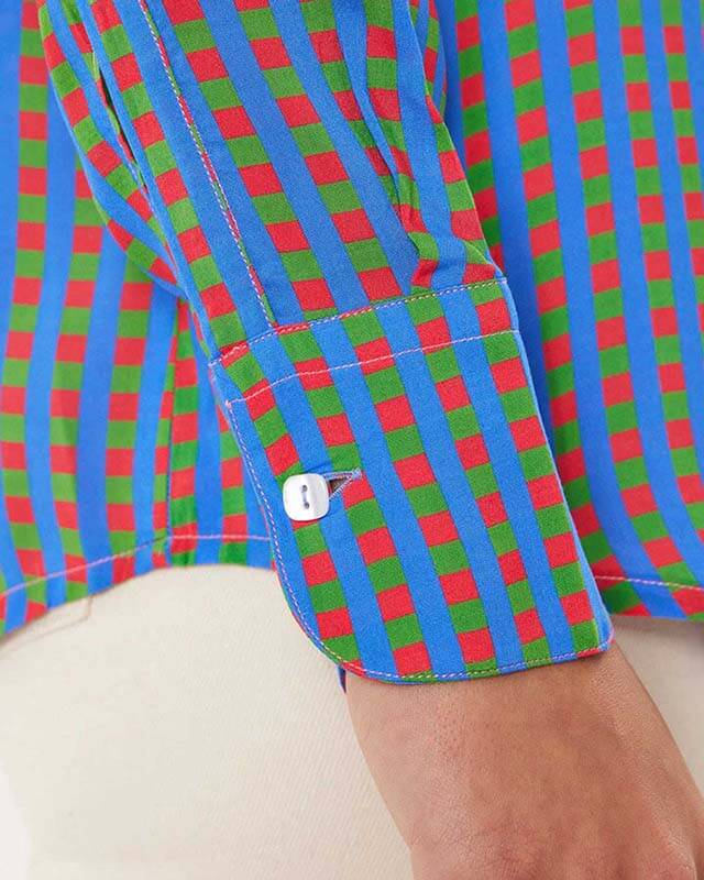 Pantelleria – camicia donna colorata maniche lunghe made in Italy  fantasia blu, rossa e verde