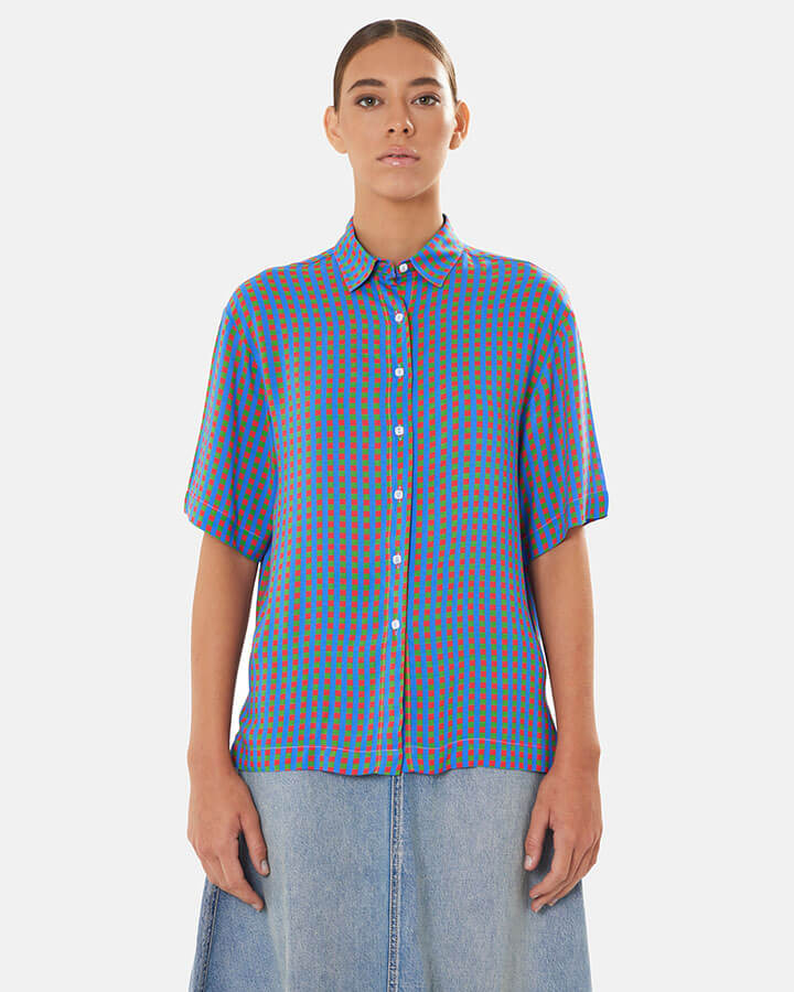 Camicia maniche corte mezze maniche donna particolare, colori blu verde e rosso, estiva, fantasia Vichy
