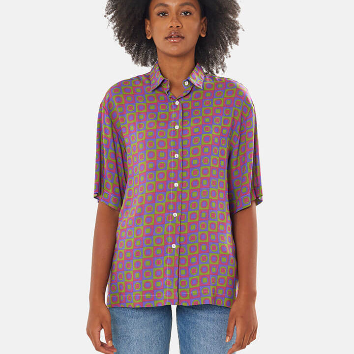 Camicia maniche corte donna particolare, colori verde blu amaranto estiva, fantasia geometrica