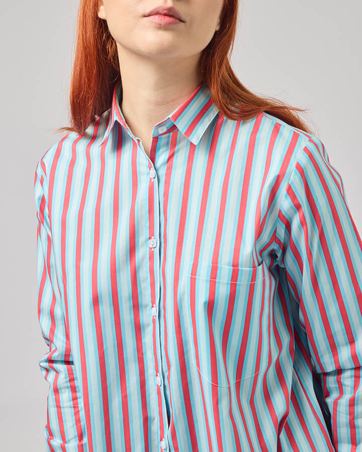 Camicia donna a rigoni in cotone elasticizzato oversize elegante particolare e colorata