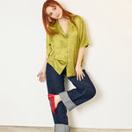 Camicia maniche corte mezze maniche donna particolare elegante con collo a scialle colore verde acido