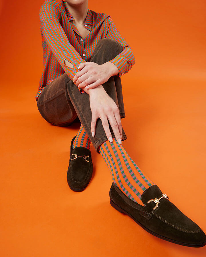 Amazzonia – camicia colorata maniche lunghe made in Italy fantasia quadretti arancione